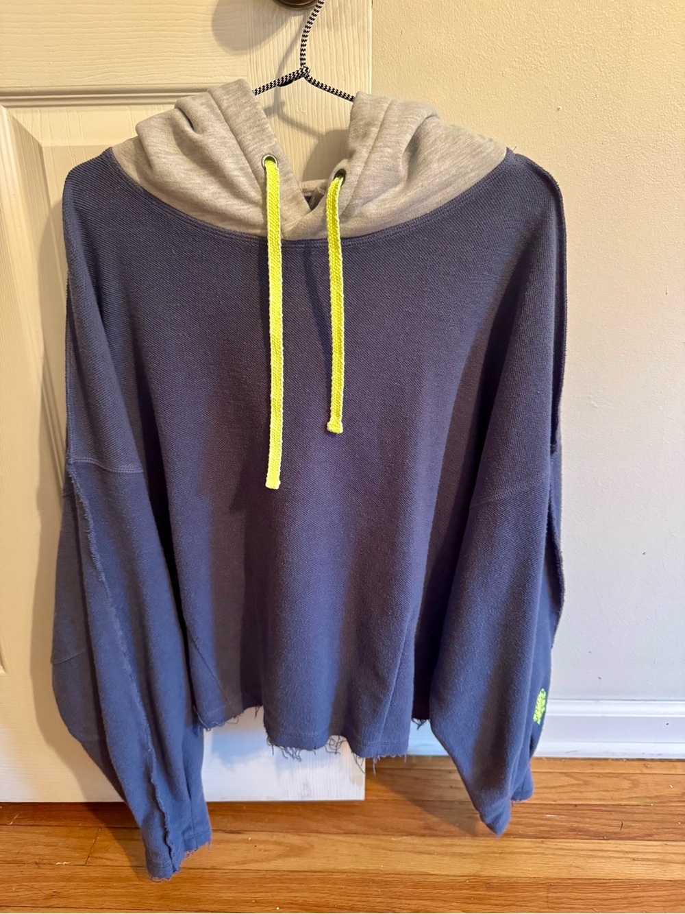Blue and Gray Hooded Sweatshirt with Neon Yellow Drawstrings